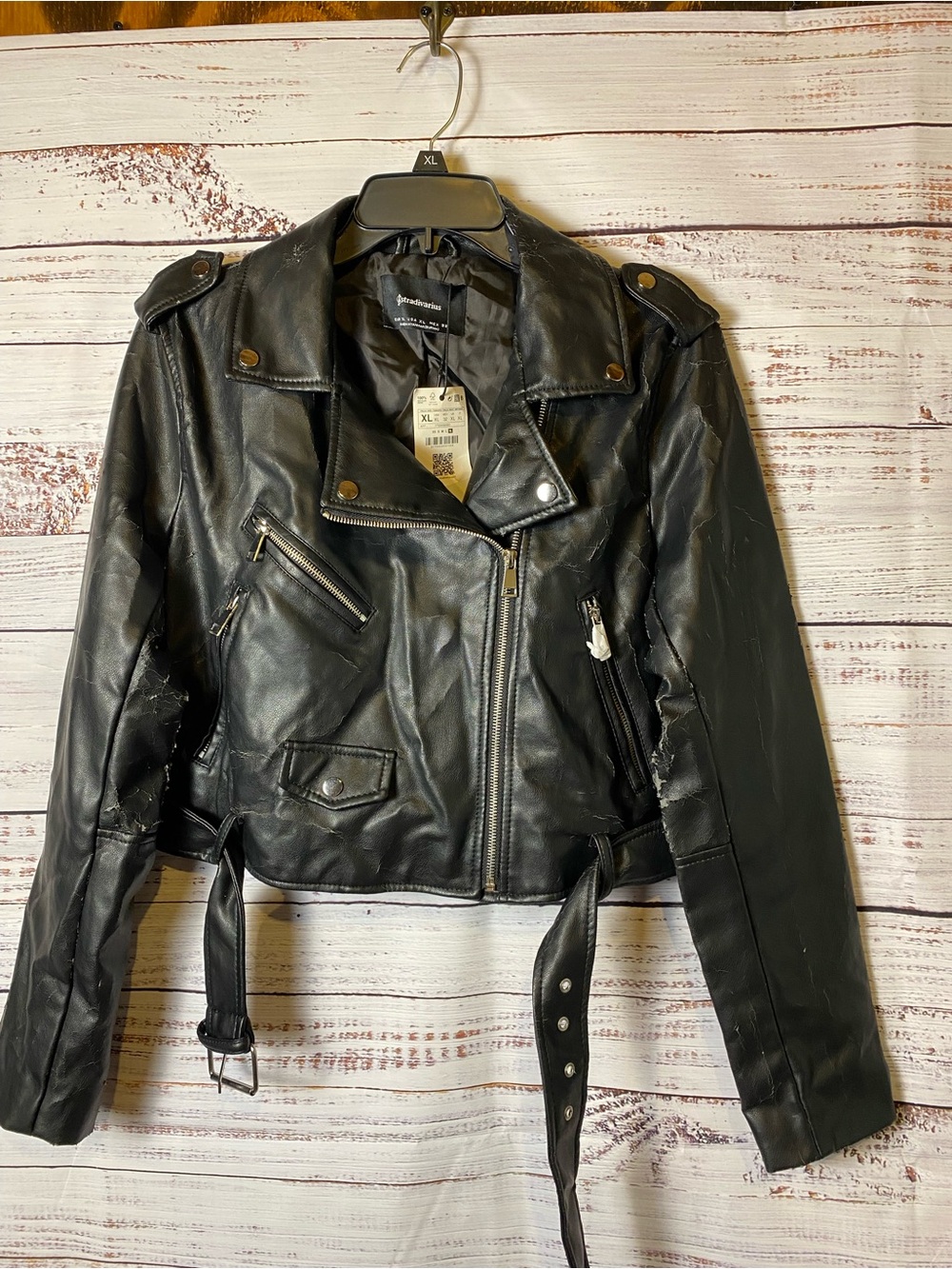 NWT Very Thrashed stradivarius Black Faux Leather Moto Jacket (check pics)
